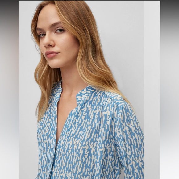 NWT!! HUGO BOSS Regular-Fit Blue + Cream Print Silk Crepe du Chine: SZ 14 - $348 - Picture 5 of 16